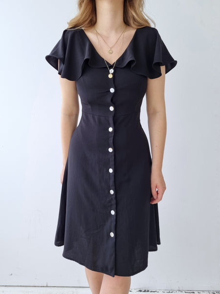 Vintage Black Ruffle Midi Dress