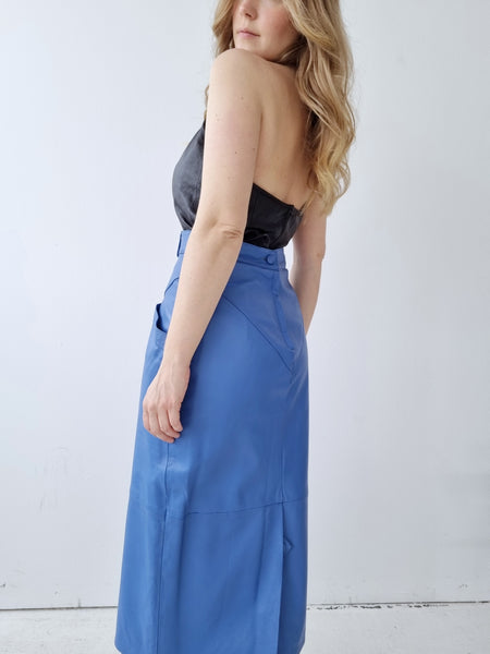 Vintage Blue High Waist Leather Skirt