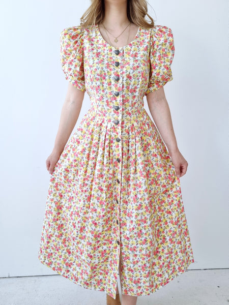 Vintage Buttery Roses Gingham Puff Sleeves Dress