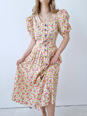 Vintage Buttery Roses Gingham Puff Sleeves Dress