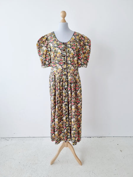 Vintage Poppy Field Puff Sleeves Dress