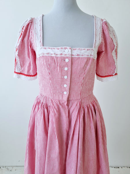 Vintage Red Stripes Cotton Puff Sleeves Dress