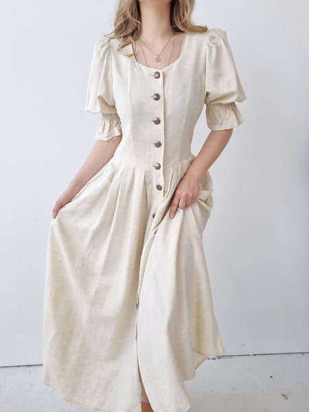 Vintage Beige Puff Sleeves Dress