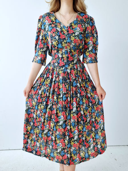 Vintage Poppy Field Midi Puff Sleeves Dress