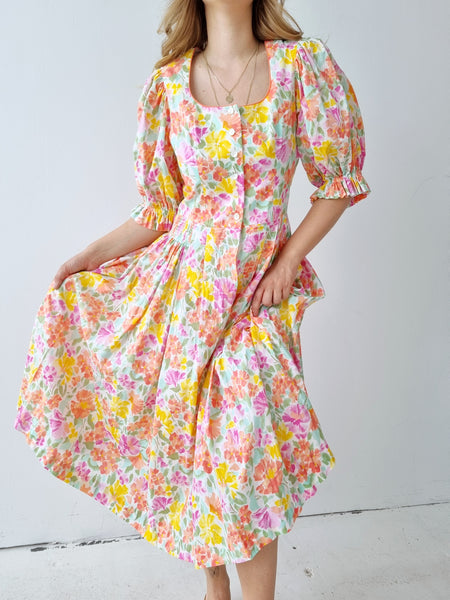 Vintage Pastel Floral Puff Sleeves Dress