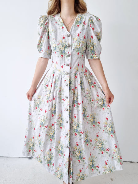 Vintage Light Grey Floral Puff Sleeves Maxi Dress
