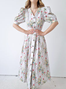 Vintage Light Grey Floral Puff Sleeves Maxi Dress