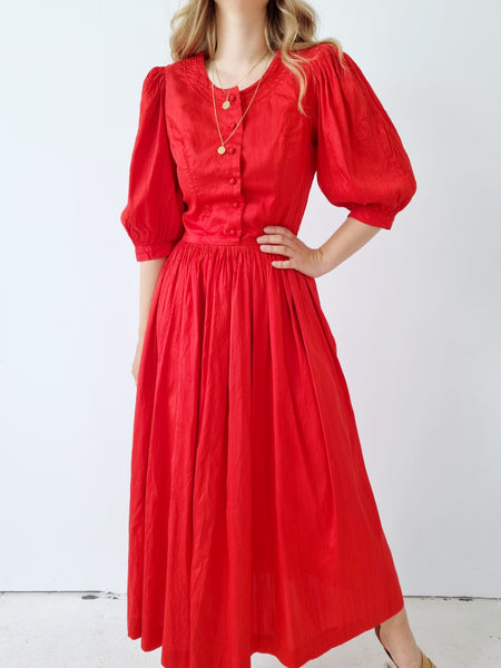 Vintage Hot Red Silk Puff Sleeves Dress