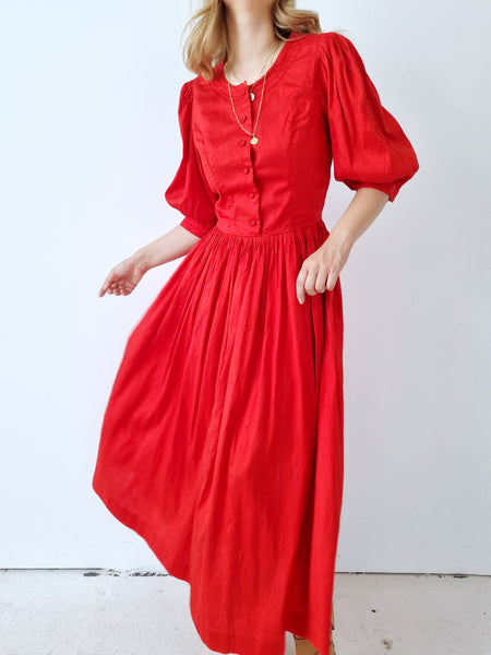 Vintage Hot Red Silk Puff Sleeves Dress