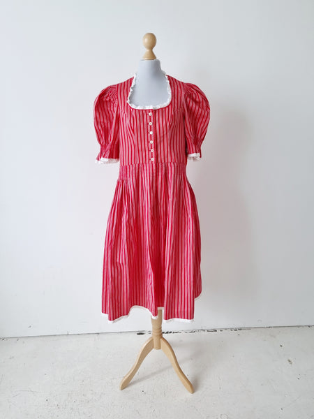 Vintage Red Stripes Midi Puff Sleeves Dress