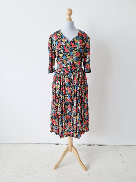 Vintage Poppy Field Midi Puff Sleeves Dress