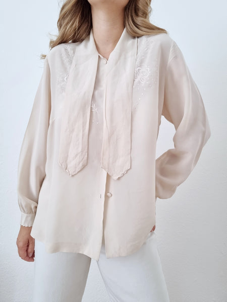 Vintage Silk Embroidered Bow Blouse