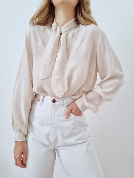 Vintage Silk Embroidered Bow Blouse