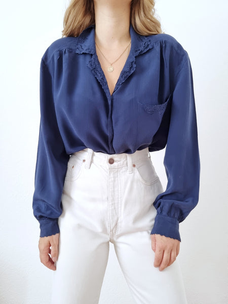 Vintage Dark Bluse Silk Embroidered Blouse