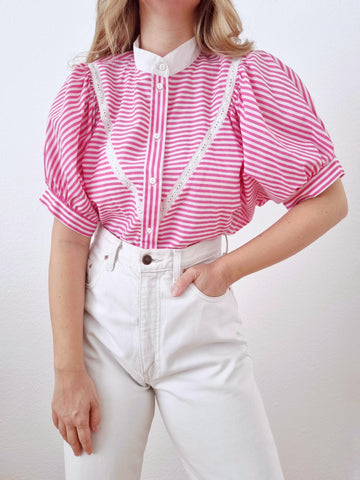 Vintage Pink Stripes Puff Sleeve Blouse