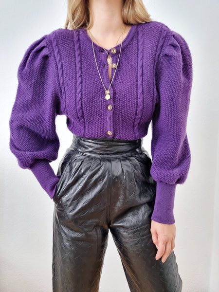 Vintage Purple Wool Puff Sleeve Cardigan