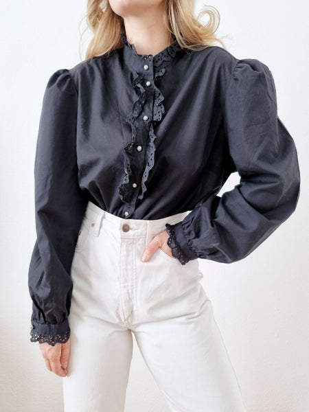 Vintage Puff Sleeves Black Lace Blouse