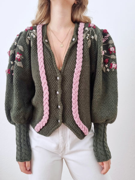 *Rare* Vintage Moss Green Pearl Puff Sleeves Cardigan