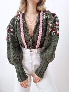 *Rare* Vintage Moss Green Pearl Puff Sleeves Cardigan