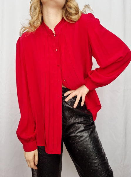 Vintage Red Pleated Silk Blouse