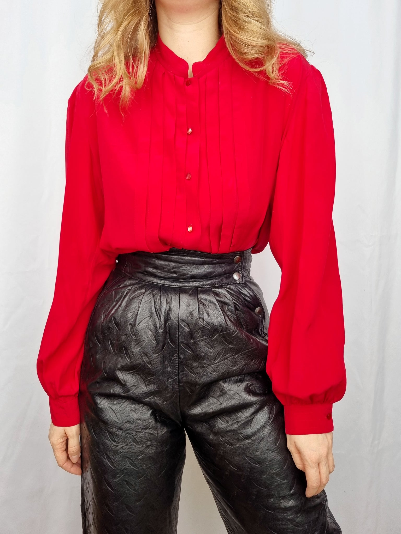 Vintage Red Pleated Silk Blouse