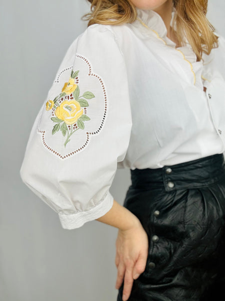 Vintage Yellow Rose Puff Sleeves Blouse