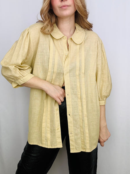 Vintage Linen Puff Sleeves Blouse