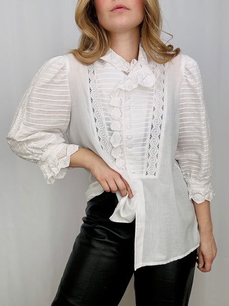 Vintage White Statement Puff Sleeves Blouse