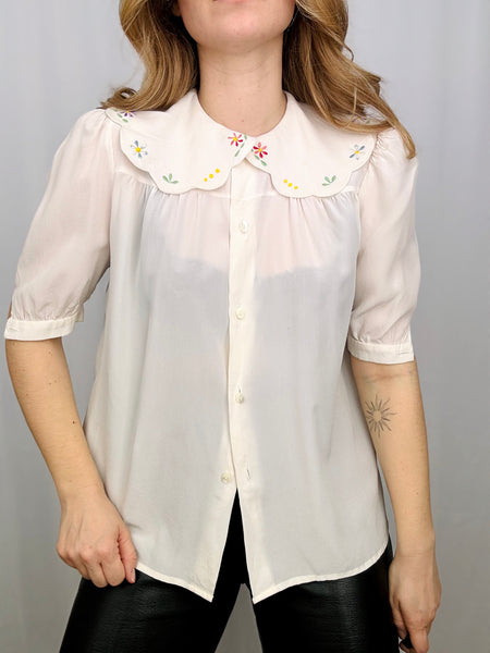 Vintage Embroidered Collar Silk Blouse
