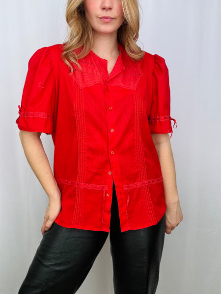 Vintage Hot Red Waist Tie Blouse *Special Price