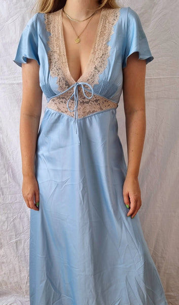 Vintage Ice Blue Satin Maxi Dress