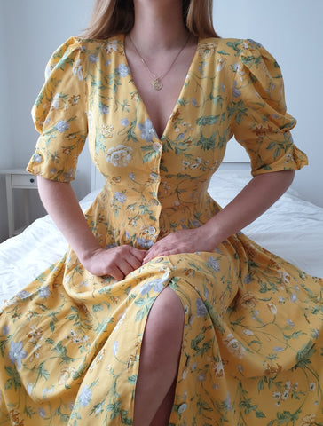  Vintage Yellow Flower Summer Dress