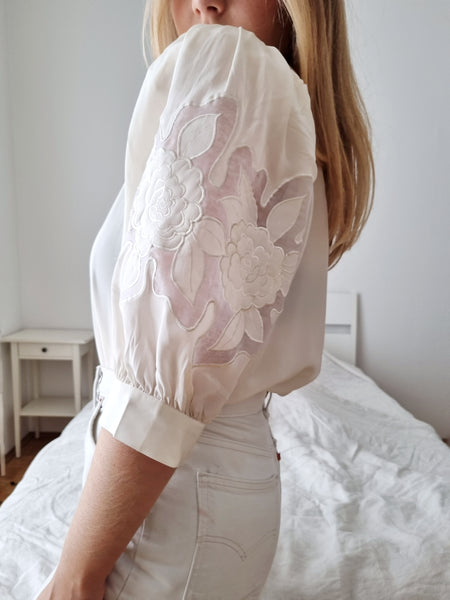 Vintage Silk Floral Puff Sleeve Blose