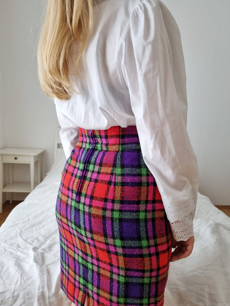 Vintage 80s High Waist Plaid Midi Skirt