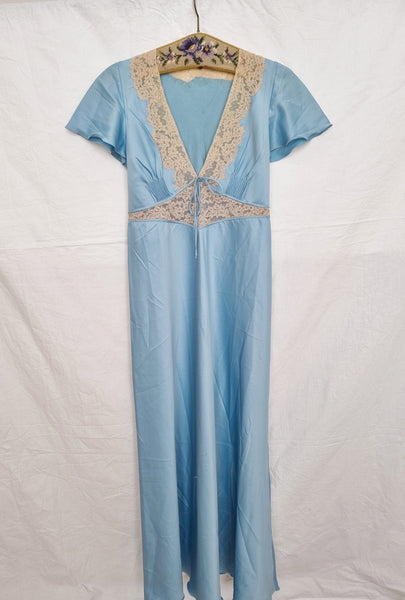 Vintage Ice Blue Satin Maxi Dress