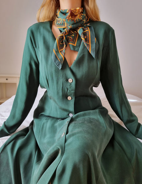 Vintage Forest Green Silk Maxi Dress