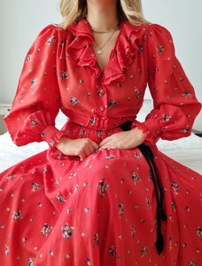 Vintage Handmade Red Puff Sleeve Midi Dress
