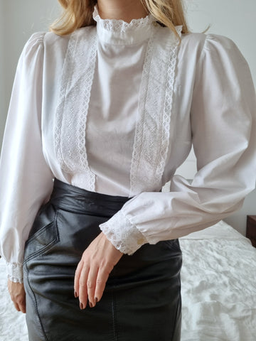 Vintage White High Neck Puff Sleeve Blouse