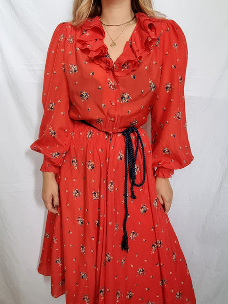 Vintage Handmade Red Puff Sleeve Midi Dress