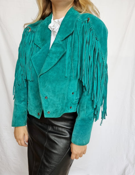 Vintage Wild Leather Teal Fringe Jacket