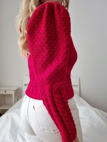 Vintage Red Puff Sleeve Wool Cardigan