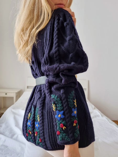 Vintage Flower Embroidered Wool Cardigan