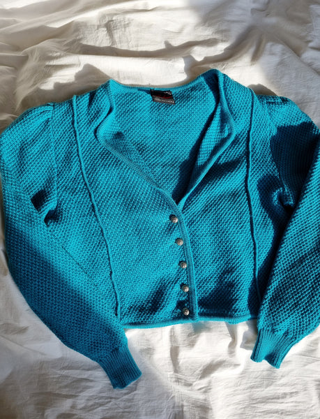 Vintage Turquoise Puff Sleeve Cardigan