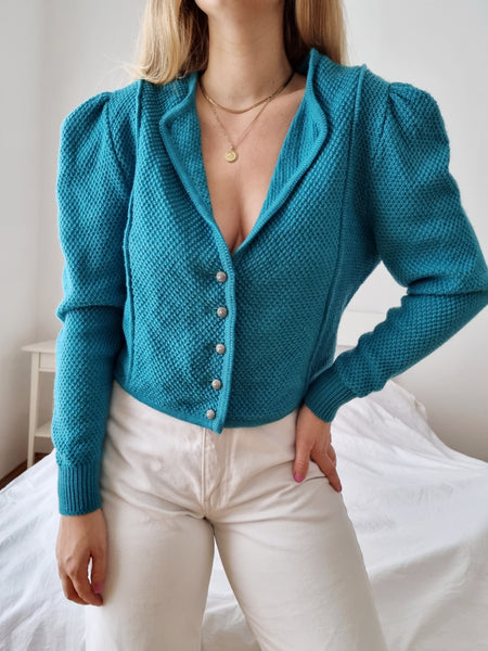 Vintage Turquoise Puff Sleeve Cardigan