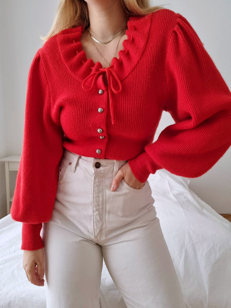 Vintage Handmade Red Mutton Sleeve Cardigan