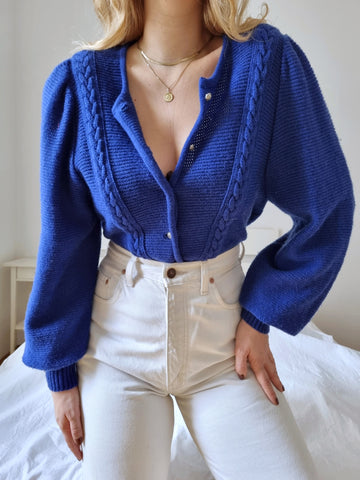 Vintage Cobalt Blue Braided Knit Cardigan