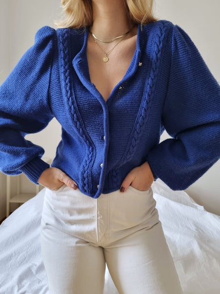 Vintage Cobalt Blue Braided Knit Cardigan