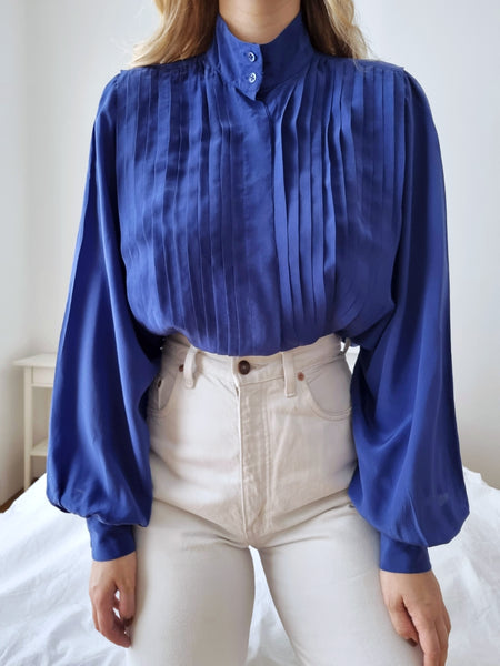 Vintage Royal Blue Pleated Silk Blouse