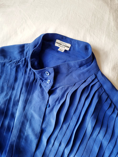 Vintage Royal Blue Pleated Silk Blouse