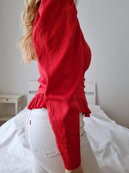 Vintage Red Pure Silk Ruffle Blouse